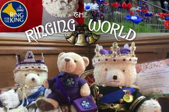 Young Ringers' mascot, Bertie with teddy bears dressed as King Charles and Queen Camilla at Stourpaine