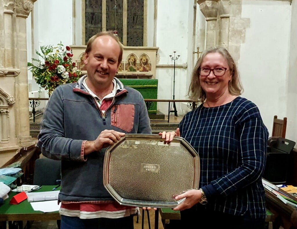 Nick Baker presents the Longridge Silver Salver to Elizabeth Ferguson on behalf of the Shipton Gorge Band