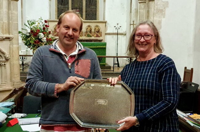 Nick Baker presents the Longridge Silver Salver to Elizabeth Ferguson on behalf of the Shipton Gorge Band