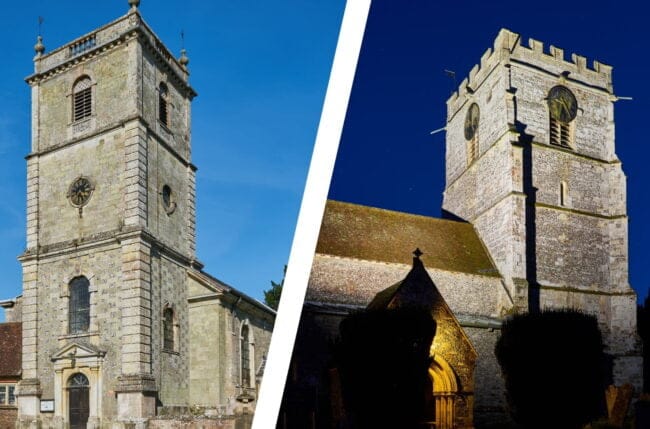 The exteriors of the churches of Wimborne St Giles and Cranborne