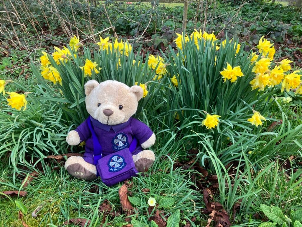 Bertie the mascot with daffodils
