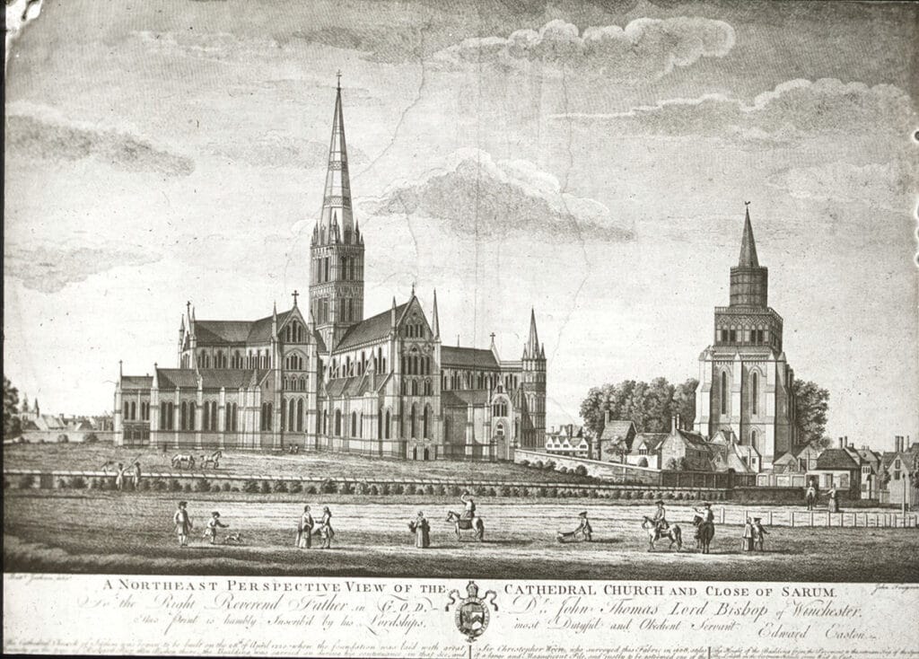 A print from 1760 showing Salisbury cathedral and campanile