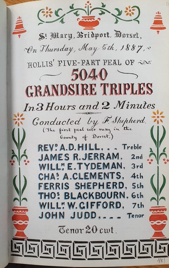First Guild peal in Dorset 1887. Jerram's ornate and colourful entry in the Peal Book