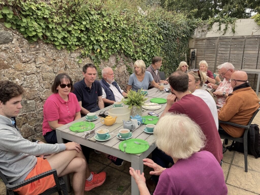 The Channel Island ringers enjoying coffee after Sunday Service ringing at St Anne, Alderney