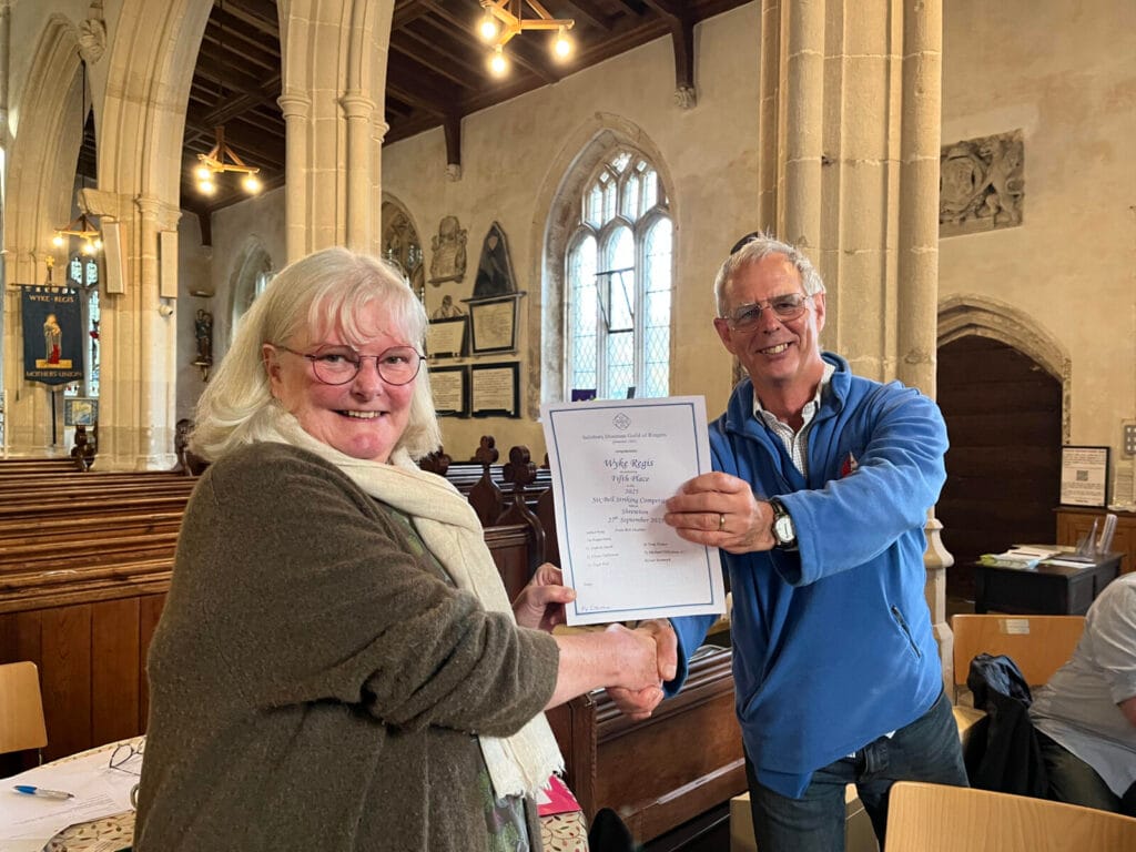 The Guild Master Vicki Rowse presenting a certificate to Wyke Regis Tower Captain Michael Dillistone for coming 5th in the “6 Bell Competition” at Shrewton in September.