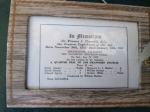 Plaque from 1965 recording a quarter peal to commemorate the death of Winston Churchill