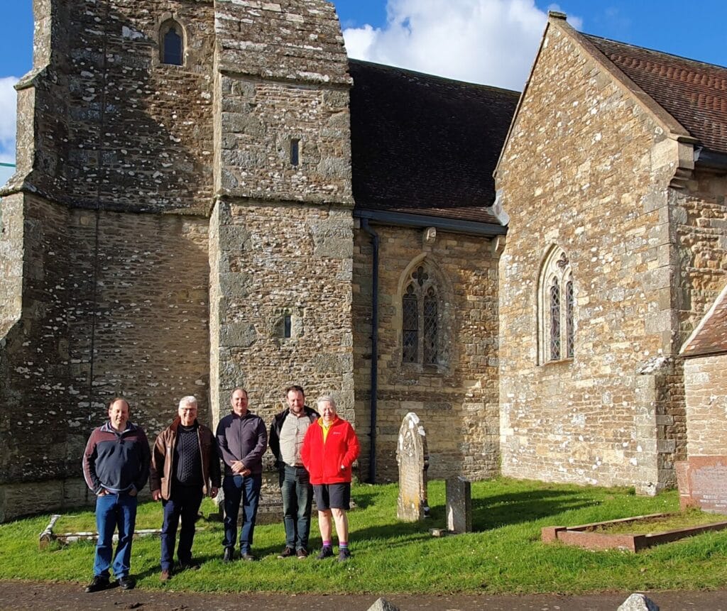 Outside Kington Magna following the last quarter peal of the day: Nick Baker, Andy Waring, Mark Symonds, Paul Cottingham, Jan Keohane