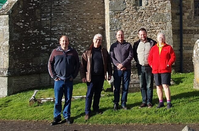 Outside Kington Magna following the last quarter peal of the day: Nick Baker, Andy Waring, Mark Symonds, Paul Cottingham, Jan Keohane