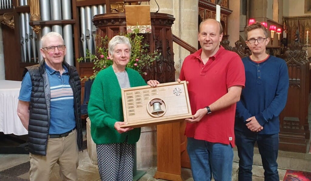 Chairman of West Dorset Branch, Nick Baker, being presented with the Guild Eight Bell Striking Competition trophy by Guild President, Pat Davidson. Judges Ian and Ben Kerry from Portsmouth, who both ring at Portsmouth Cathedral.