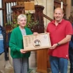 Chairman of West Dorset Branch, Nick Baker, being presented with the Guild Eight Bell Striking Competition trophy by Guild President, Pat Davidson. Judges Ian and Ben Kerry from Portsmouth, who both ring at Portsmouth Cathedral.