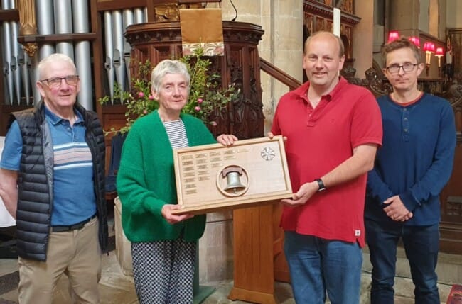 Chairman of West Dorset Branch, Nick Baker, being presented with the Guild Eight Bell Striking Competition trophy by Guild President, Pat Davidson. Judges Ian and Ben Kerry from Portsmouth, who both ring at Portsmouth Cathedral.