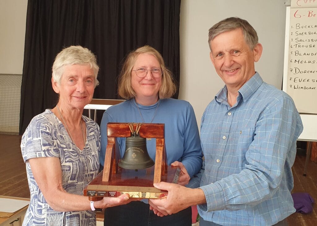 Gareth Evans, Evershot Tower Captain, given the Guild Six Bell Striking Competition Trophy by Guild President, Pat Davidson