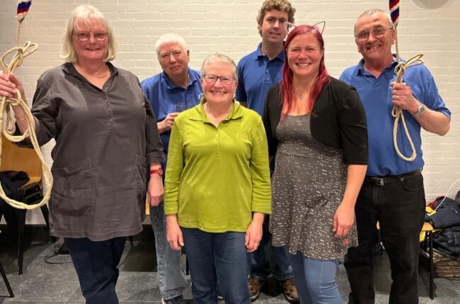 Julia Russell with her colleagues Vicki Rowse, Janet Wyatt, George Wyatt, Clair Walton and John Avery following their quarter peal of mixed doubles at t'Klockhuys, Dordrecht in November 2025.