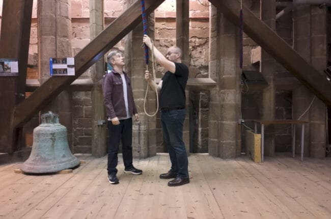 Tom Scott learning to ring in Worcester Cathedral ringing chamber