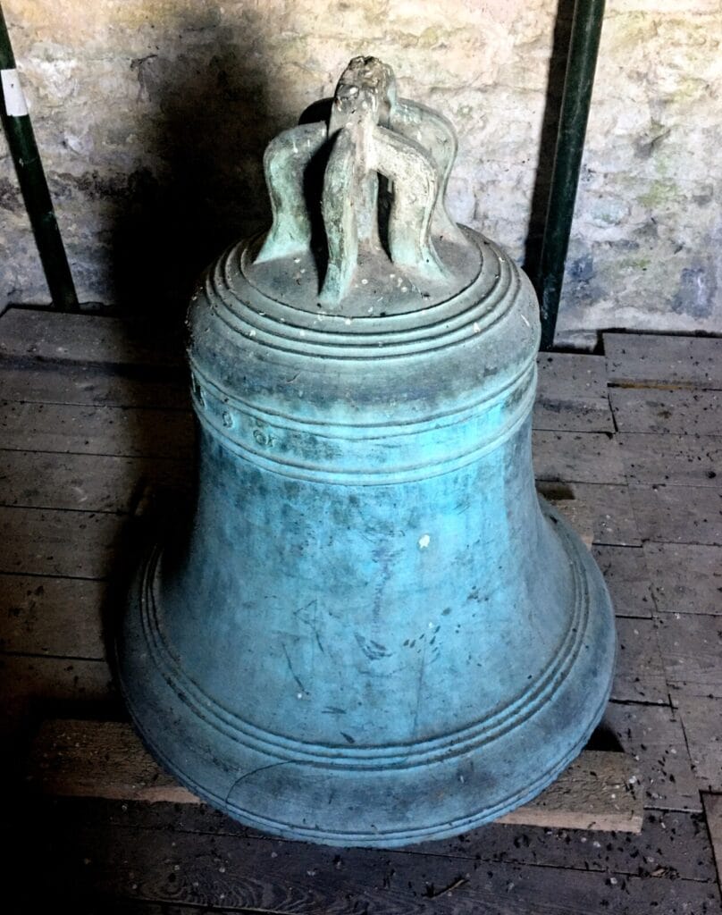 The cracked William Warre bell in the middle chamber of the tower where it was kept for safe keeping following its recovery for half a century